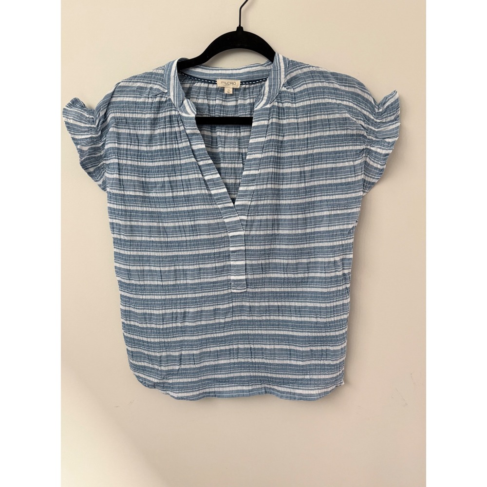 Pilcro Anthropologie Tatum Blue White Stripe Flutter Sleeve‎ Blouse XS